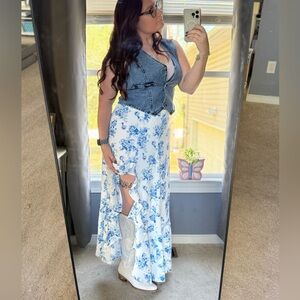 Blue & White Floral Slit Maxi Skirt Boho Boutique NWT